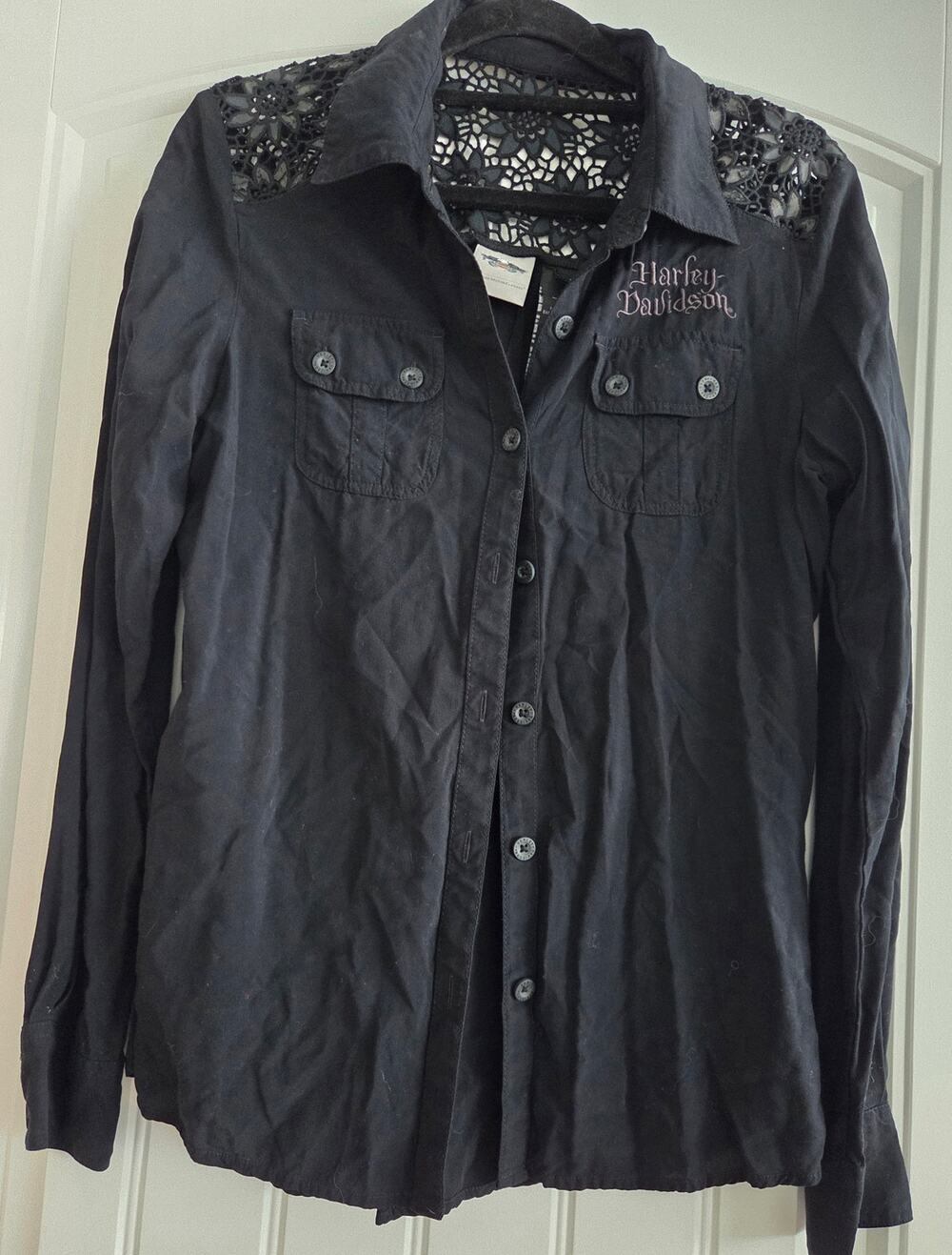 Harley-Davidson Women's Black Long Sleeve Button Up Shirt Lace Crochet Small